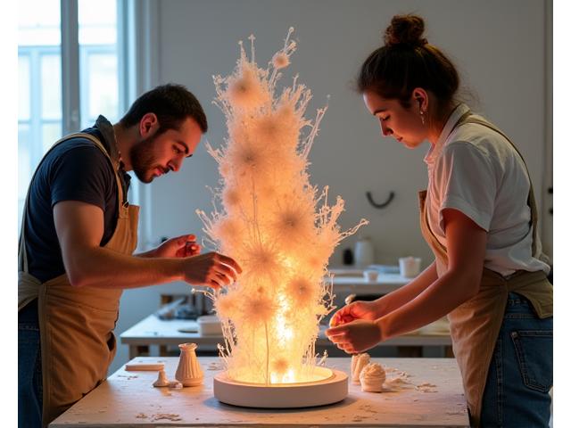 Due artisti di etnie diverse lavorano insieme a una grande scultura collaborativa in ceramica e vetro in uno studio luminoso.