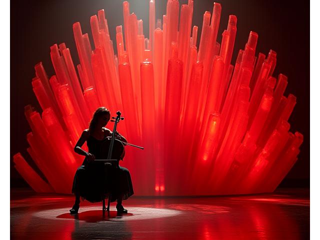 Un violinista che suona accanto a una vibrante installazione di vetro e ceramica, mostrando una collaborazione artistica multidisciplinare.