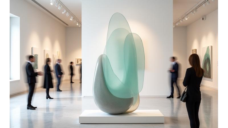 Visitatori che ammirano una grande scultura in vetro e ceramica in una galleria d'arte contemporanea, con luce naturale soffusa.