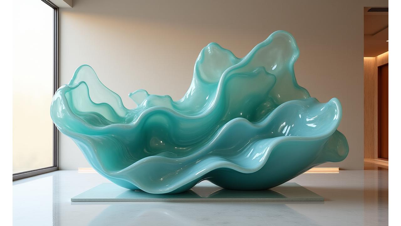Scultura contemporanea in ceramica turchese e vetro soffiato trasparente, forme organiche che si fondono armoniosamente.