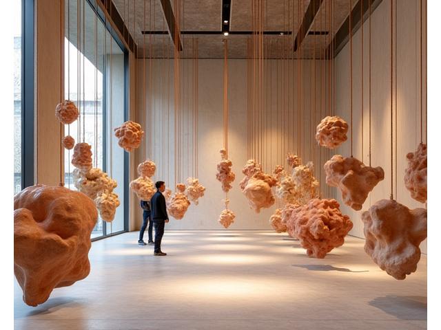 Installazione artistica moderna in un museo, con frammenti di ceramica e vetro sospesi che creano un ambiente spaziale.