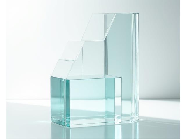 Scultura in vetro minimalista con forme geometriche essenziali e trasparenza pura, che gioca con la luce.