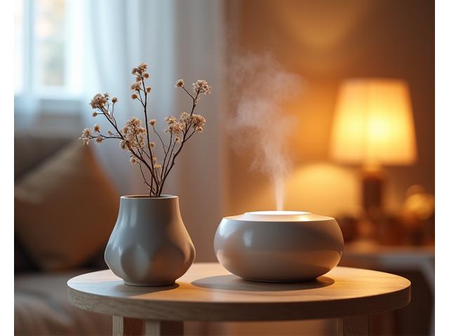 Vaso di ceramica fatto a mano su un tavolino, con diffusore di oli essenziali e luce calda, in un ambiente domestico sereno.