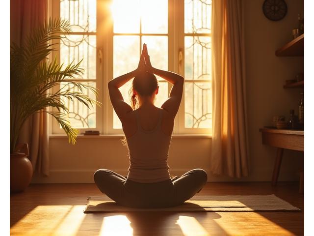 Persona che fa stretching delicato al mattino con luce solare che filtra da una finestra con vetrate artistiche.