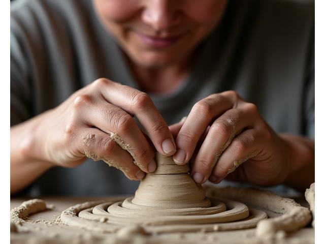 Una persona con le mani immerse nell'argilla, con un'espressione calma e concentrata.