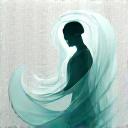 Ginnasta che si protende con forme astratte di vetro sullo sfondo