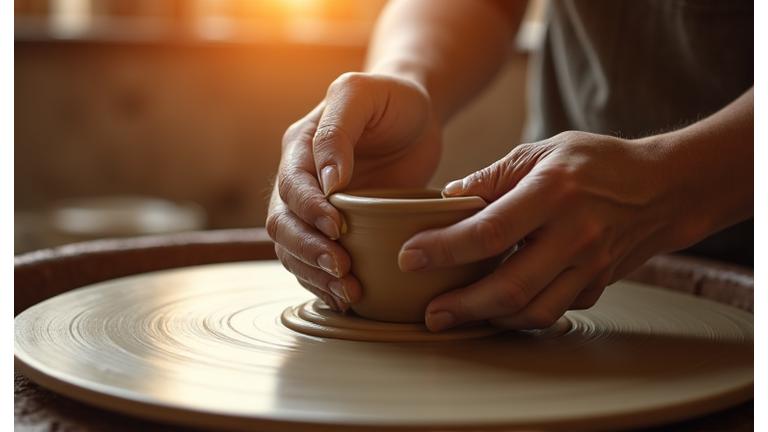 Articolo in evidenza: Una mano modella l'argilla con sfondo sfocato di luce calda in uno studio di ceramica.