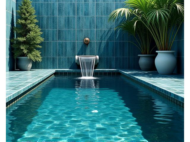 Piscina per balneoterapia con rivestimento ceramico dai colori profondi del mare e cascata d'acqua.