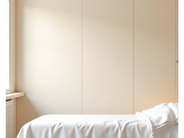 Sala trattamenti spa con eleganti pareti in ceramica chiara e soffusa illuminazione.