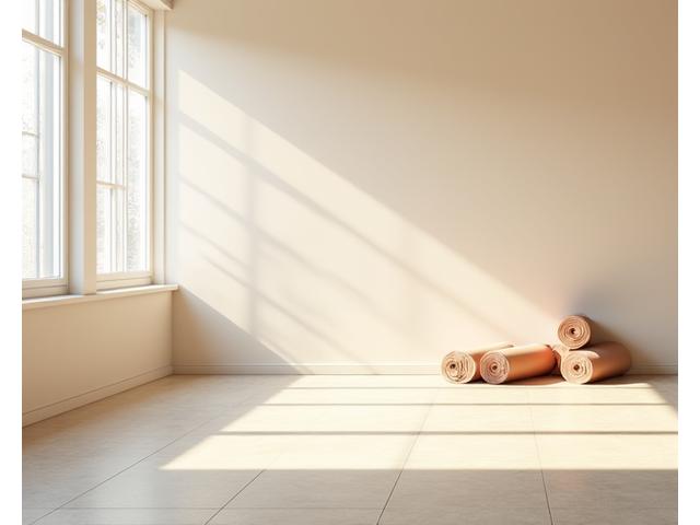 Studio yoga moderno con pavimenti in ceramica opaca e ampie finestre che lasciano entrare la luce naturale.