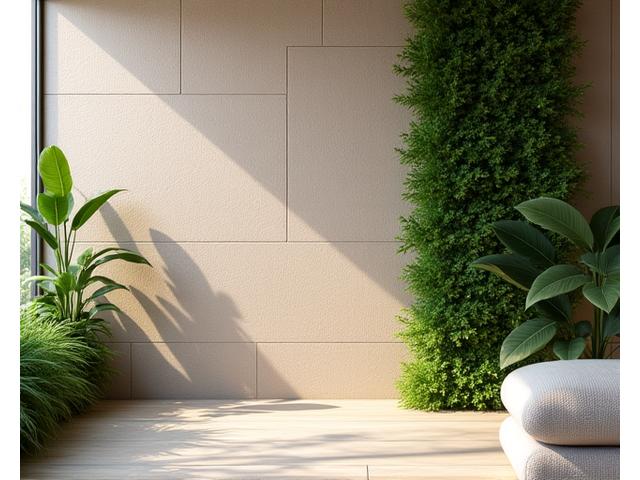 Parete in ceramica con texture organica che richiama la pietra naturale in un ambiente sereno con piante verdi integrate.