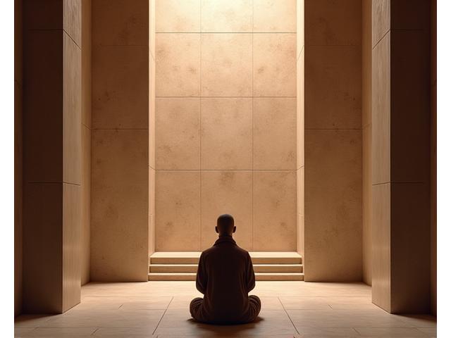 Interno minimalista di un centro olistico urbano con pareti in ceramica texturizzata e un monaco in meditazione.