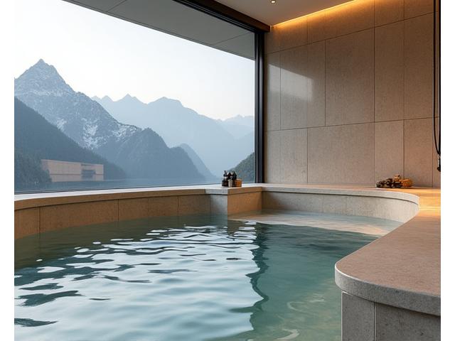 Dettaglio di una vasca idromassaggio in un lussuoso resort spa con eleganti piastrelle ceramiche Aria Nuova e vista montagna.