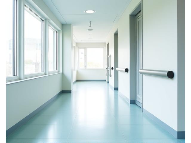 Corridoio luminoso in una clinica di riabilitazione con pavimenti in ceramica facile da pulire e design minimale.