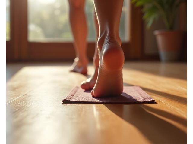 Piedi nudi su un pavimento ceramico levigato in uno studio yoga, che trasmette una sensazione di radicamento.