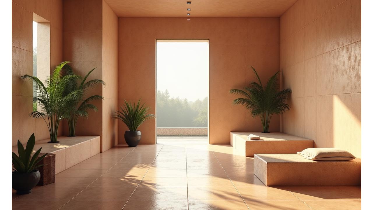 Interno di una spa di lusso con rivestimenti in ceramica artigianale Aria Nuova e luce naturale serena.