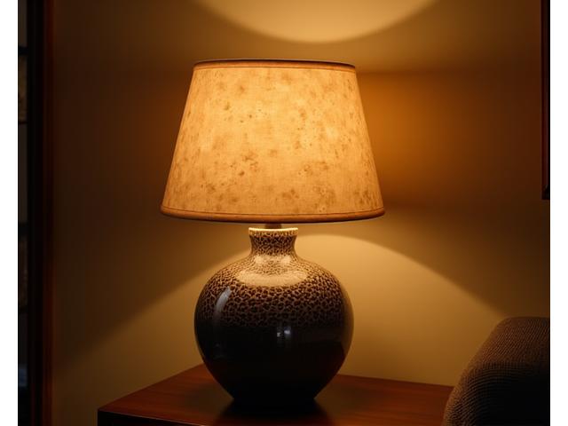 Lampada da tavolo con base in ceramica lavorata a mano e paralume in tessuto naturale