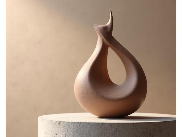 Scultura astratta da tavolo in ceramica beige e marrone scuro, su base di marmo