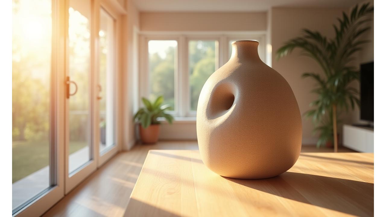 Vaso scultoreo in ceramica personalizzata color terra, in un ambiente moderno e luminoso