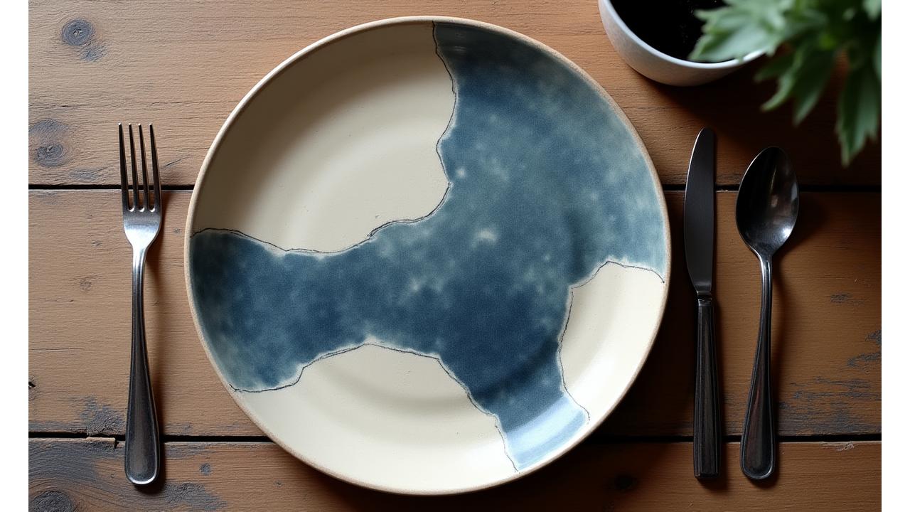 Piatto decorativo grande in ceramica bianca e blu, design astratto, su tavolo di legno grezzo