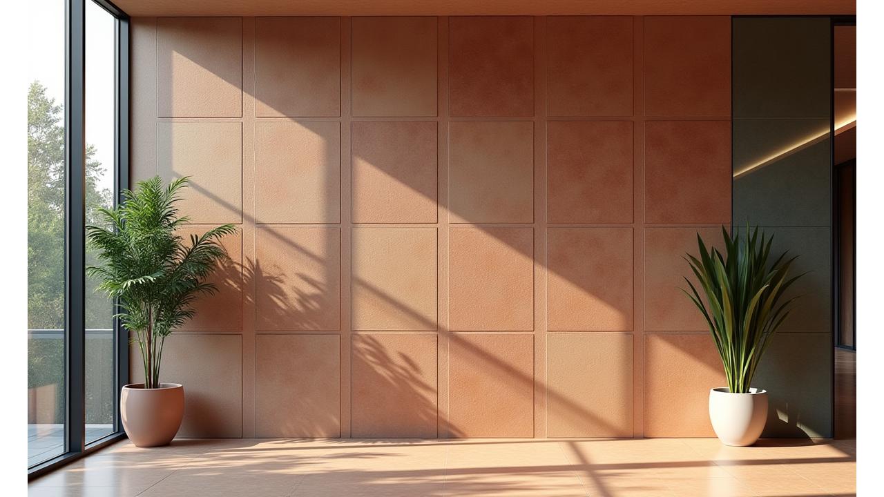 Installazione di piastrelle ceramiche artigianali con texture varie, illuminata da luce naturale