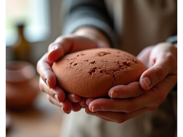 Close-up di argilla grezza con mani di artigiano che la modella, ambientazione di fornace