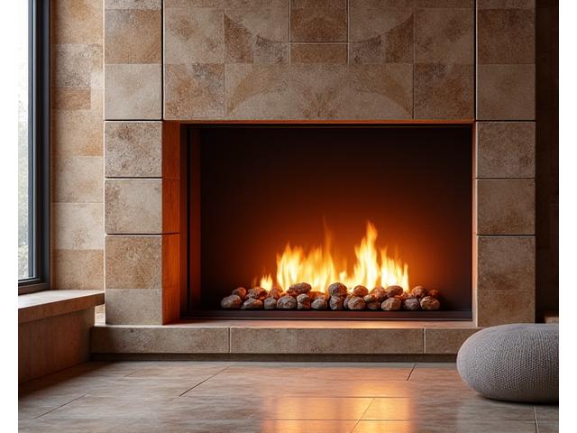 Rivestimento camino in ceramica artigianale con texture materica e colori caldi