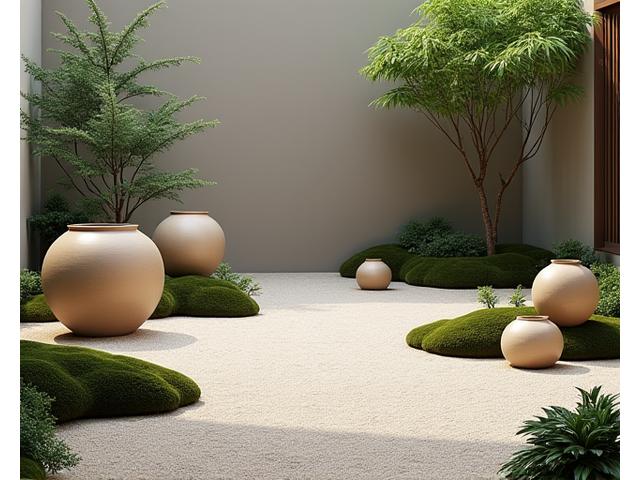 Vasi ceramici in stile giapponese per un giardino zen domestico, con rocce e muschio