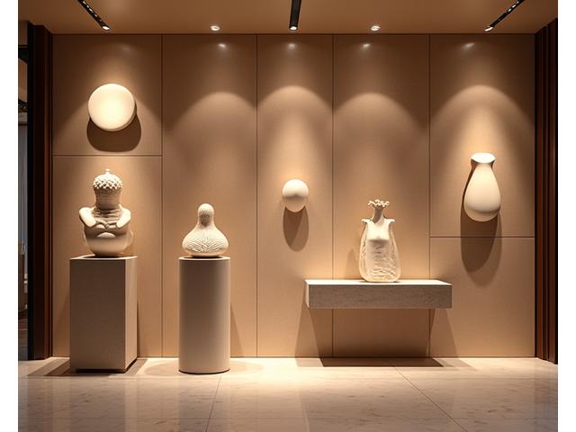 Opere d'arte in ceramica illuminate in serie nella hall di un boutique hotel