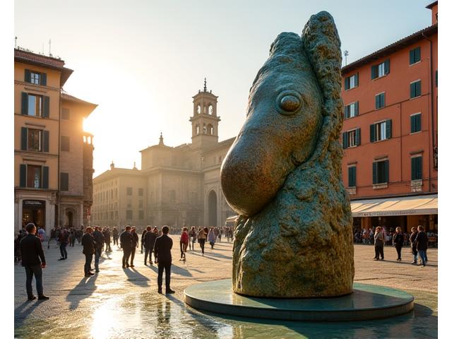 Fontana in ceramica policroma con motivi rinascimentali in una piazza pubblica riqualificata
