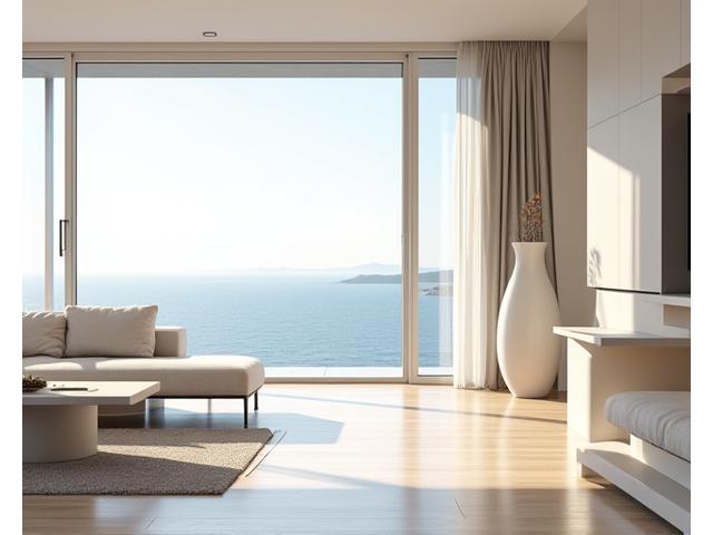 Vaso scultoreo grande in ceramica bianca nella sala di una villa moderna con vista mare