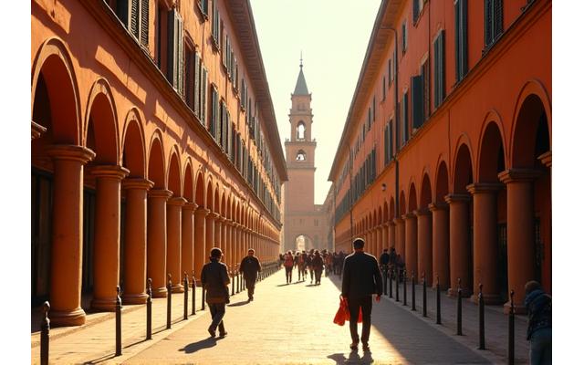 Scorcio suggestivo di Bologna, con i suoi iconici portici e torri, in un'atmosfera calda e autentica.