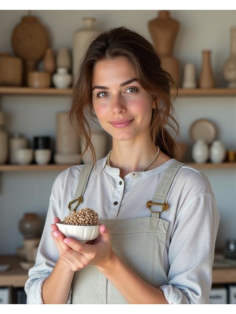 Ritratto di una giovane artista ceramista, con uno sguardo creativo e pezzi di ceramica moderna intorno a lei.