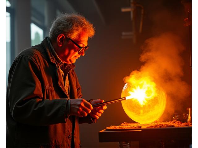 Giovanni Moretti, seconda generazione di Aria Nuova, lavora con un forno per la soffiatura del vetro negli anni '80.