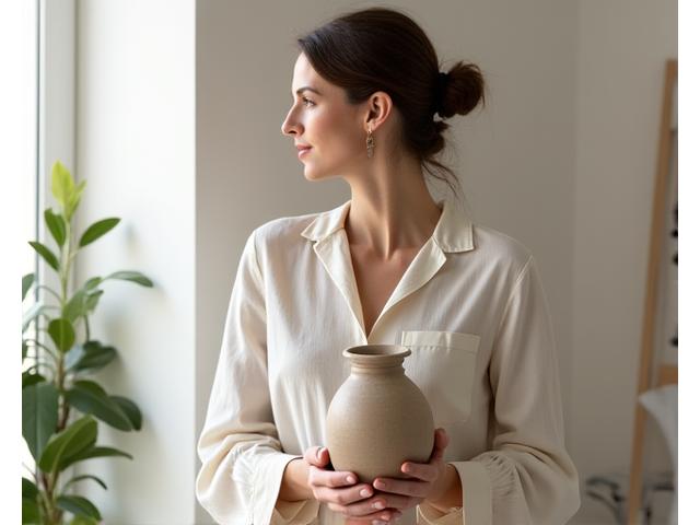 Elena Moretti, terza generazione di Aria Nuova, mostra un pezzo di elegante ceramica artigianale in un laboratorio contemporaneo.