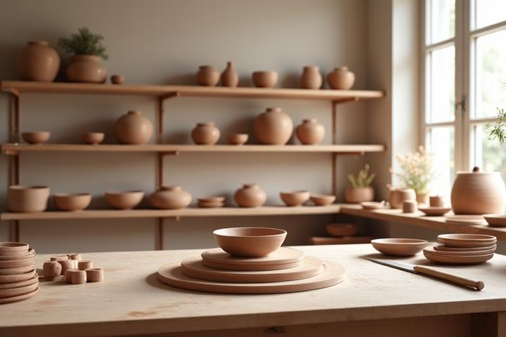 Interno pulito e ben organizzato di un laboratorio di ceramica Aria Nuova, con torni funzionanti e pezzi di ceramica in vari stadi di lavorazione.