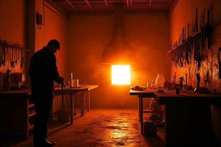 Area di soffiatura del vetro nel laboratorio Aria Nuova, con colori caldi e strumenti tradizionali, maestri al lavoro.