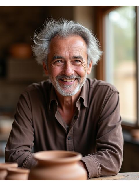 Ritratto di un maestro ceramista anziano e saggio, con mani segnate dal lavoro, davanti a un'opera in ceramica.