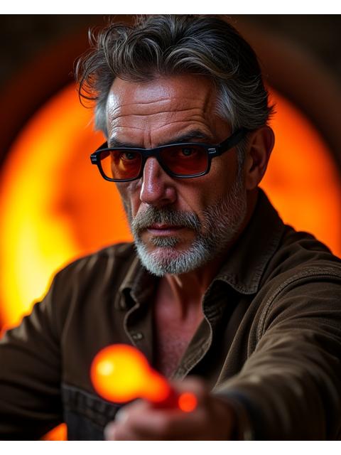 Ritratto di un maestro soffiatore di vetro concentrato, con la canna da soffiatura in mano e il vetro incandescente.