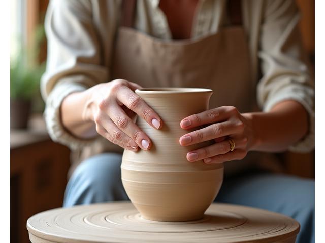 Mani che accarezzano con delicatezza un vaso di ceramica appena modellato, con luce soffusa che evidenzia la texture. Simbolo di cura artigianale e attenzione al dettaglio.
