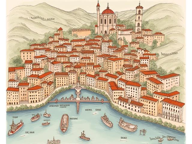 Mappa stilizzata del centro di Bologna, Italia, con un punto di interesse evidenziato in Via San Felice 17. Colori caldi e dettagli artistici.