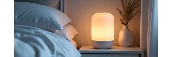 Comodino con lampada in ceramica artigianale e diffusore di aromi, in una camera da letto dai toni calmi