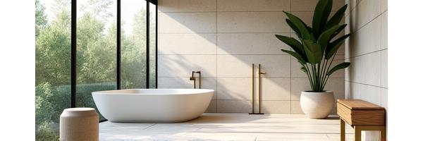 Bagno moderno con ampie finestre, vasca freestanding e piastrelle di ceramica con texture naturali, design ispirato alla natura