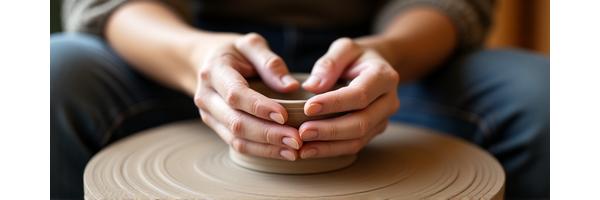 Mani che modellano argilla con concentrazione su una ruota da vasaio