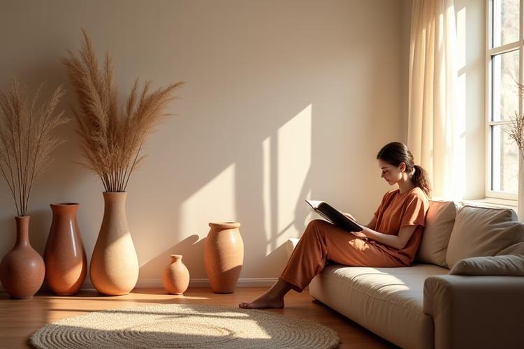 Donna che si rilassa in un salotto arredato con oggetti in ceramica artigianale in colori neutri e naturali