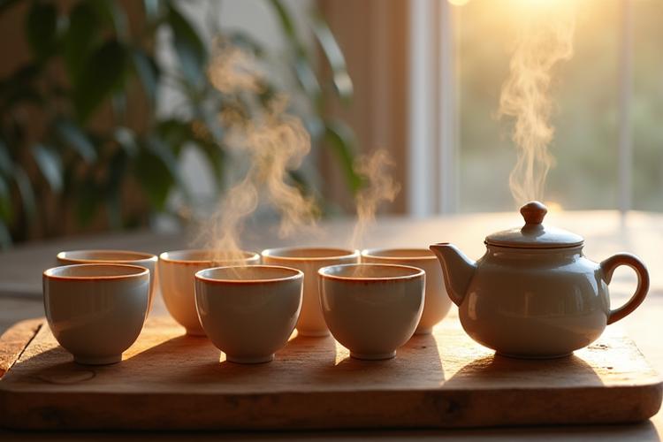 Set da tè in ceramica artigianale e diffusore di oli essenziali in vetro su un tavolino in legno, in un ambiente caldo e invitante