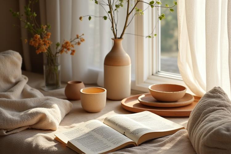 Interno di una casa moderna ma accogliente, con mobili in legno chiaro, tessuti naturali e vasi e ciotole in ceramica artigianale sui ripiani