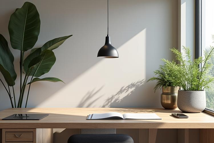 Ufficio moderno e luminoso con elementi decorativi in ceramica e vetro, trasmettendo calma e produttività