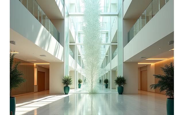 Installazione artistica in vetro in un moderno atrio, con giochi di luce e colori