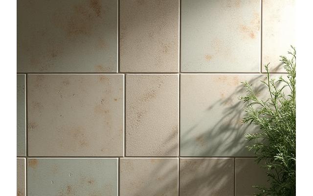 Piastrelle decorative in ceramica per una doccia spa, con texture naturali e colori caldi